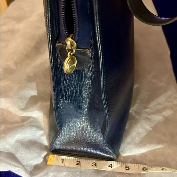 Authentic Vintage Christian Dior Leather Navy Blue Tote with Gold Accent